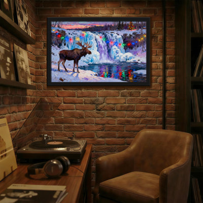 Christmas Moose Winter Waterfall Christmas Lights Landscape Art Print