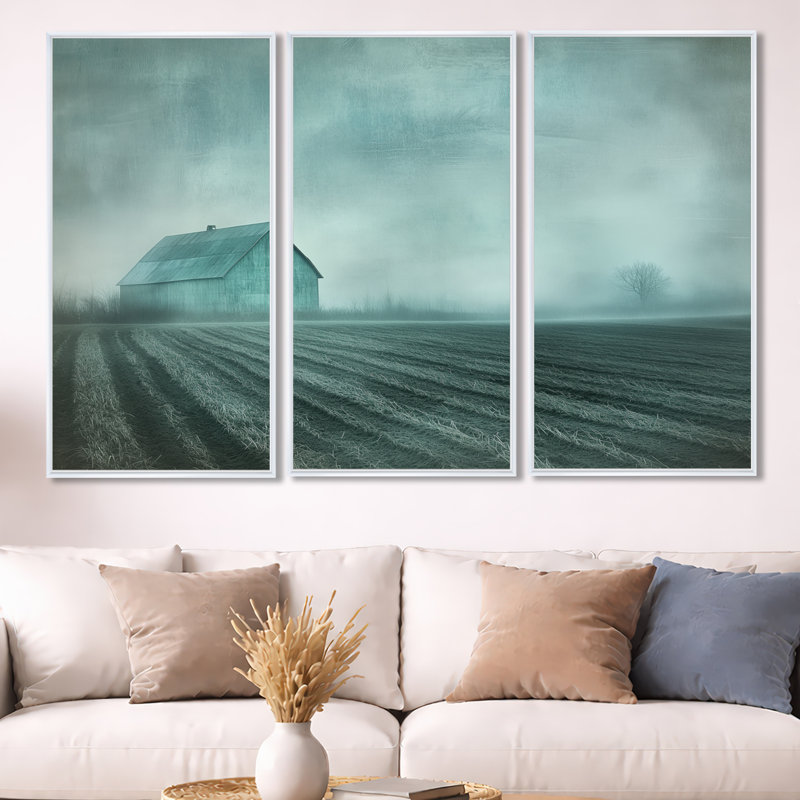 Décoration murale 3 pièces bleu sarcelle Misty Country Field I, H 40 po x l 60 po, Cadre flottant blanc