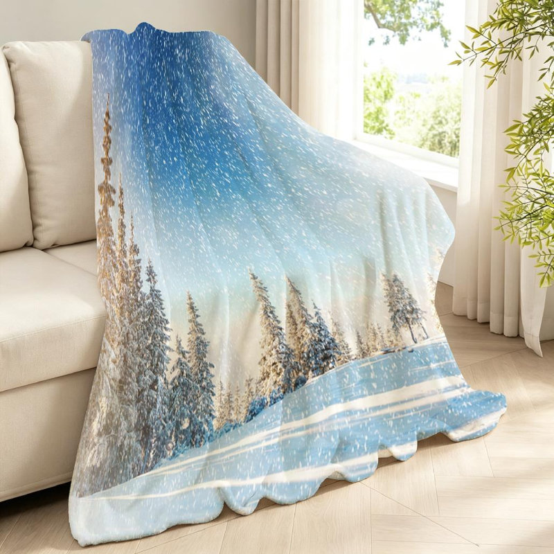 Jeté en molleton bleu flanelle ultra doux, imprimé paysage d'hiver forêt, Jeté 40 po x 50 po