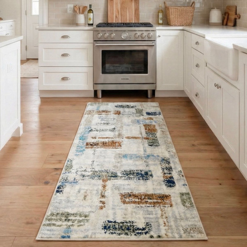 Washable Runner Rug 2x23 - Fen Modern Plush Rug for Hallways & Entryways, Patchwork Multi, Modern Patchwork, 2'2" x 23'