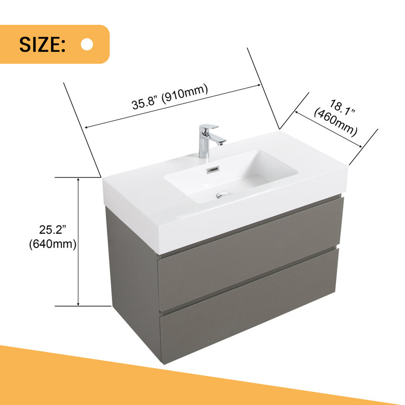 Meuble-lavabo mural simple 35,8 po avec plateau en résine, gris