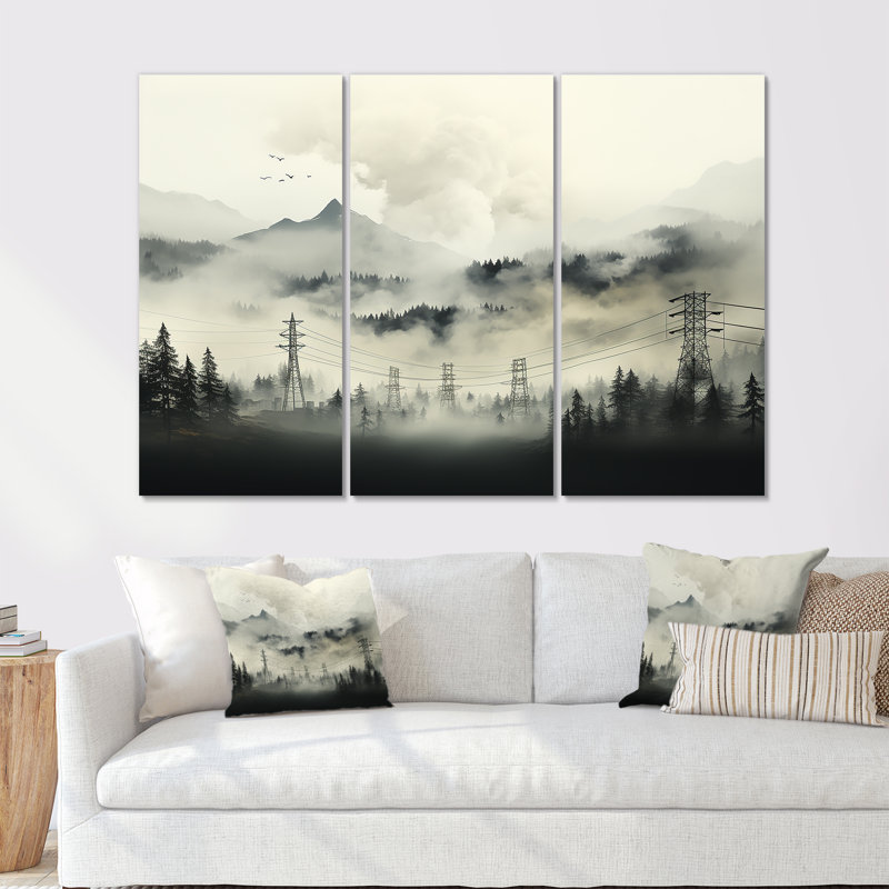 Stormy Ebony Edges Power Lines Fog Mountains - ensemble d'art mural lignes électriques, Toile tendue