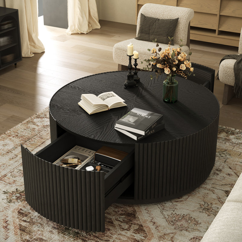 Fully Assembled Modern 31.5" & 35" W Contemporary Round Coffee Table with Solid Wood Fluted Base, 2 Hidden Storage Drawers & Wood Veneer Top