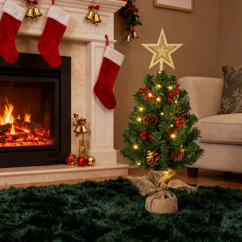 Mini sapin de Noël avec étoile et lumières et baies rouges et pommes de pin pour la maison, le bureau, l'appartement, rouge