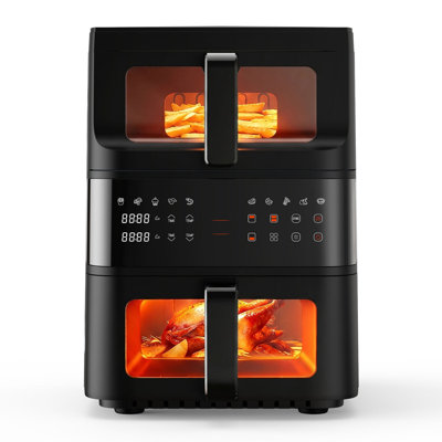 Double friteuse à air 11QT, fonctions 10 en 1, friture à l'air, cuisson, déshydratation et réchauffement, revêtement antiadhésif, écran tactile à DEL, fonctionnement silencieux.