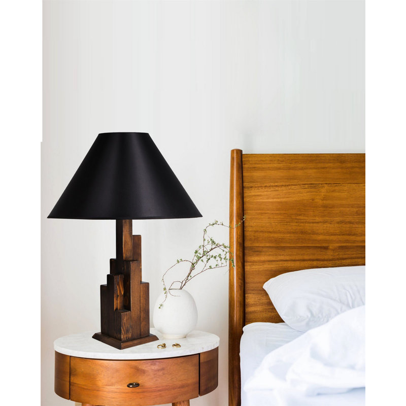 Industrial-Rustic Table Lamp, Black & Walnut, 22.0 x 22.0 x 22.4 inches | Wooden Body, Fabric Shade, E27 Socket (Max 40W) | On/Off Switch on Cable | Perfect for Home, Office & Country Decor