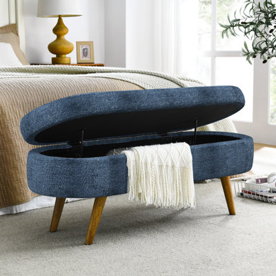 Banc de rangement ovale bleu foncé avec pieds en bois d'hévéa exotique, capacité de 250 lb, fabriqué à la main, pour repose-pieds ou siège