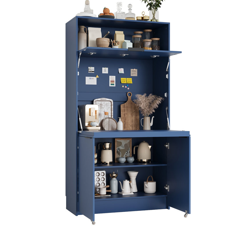Garde-manger compact Topmax, buffet de 69 po de hauteur avec huche et poste de travail pliable, armoire de rangement multifonctionnelle avec tablette réglable et prise de courant pour la salle à manger, le salon et le bleu foncé