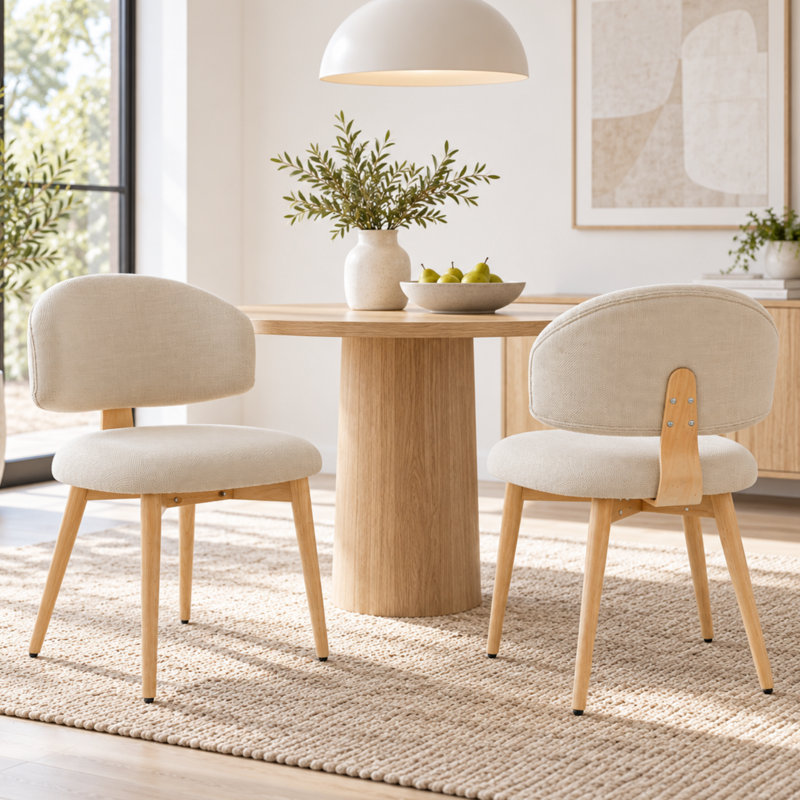 Chaise de salle à manger rembourrée beige de style milieu du siècle, avec dossier incurvé, revêtement en lin et pieds en bois massif naturel.