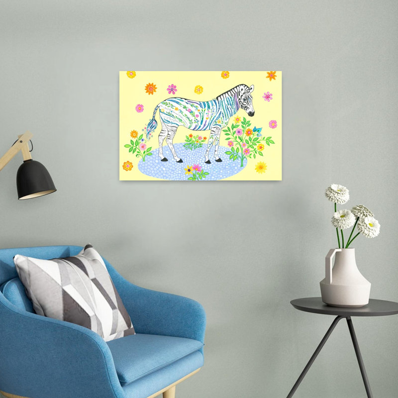 Zebra Yellow Colorful Vibrant Whimsical Butterfly Zebra Flower Nature Wall Art Print 1 Piece Wrapped Canvas Wall Art