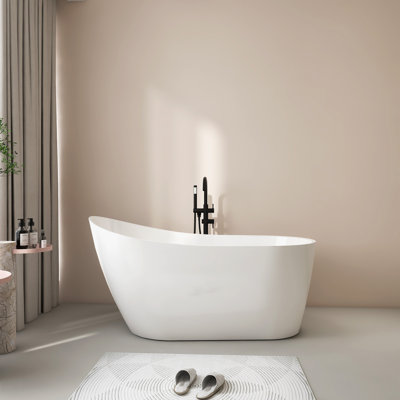 55" Acrylic Freestanding Bathtub,White Soaking Tub with Overflow and Drain , Contemporary Free Standing