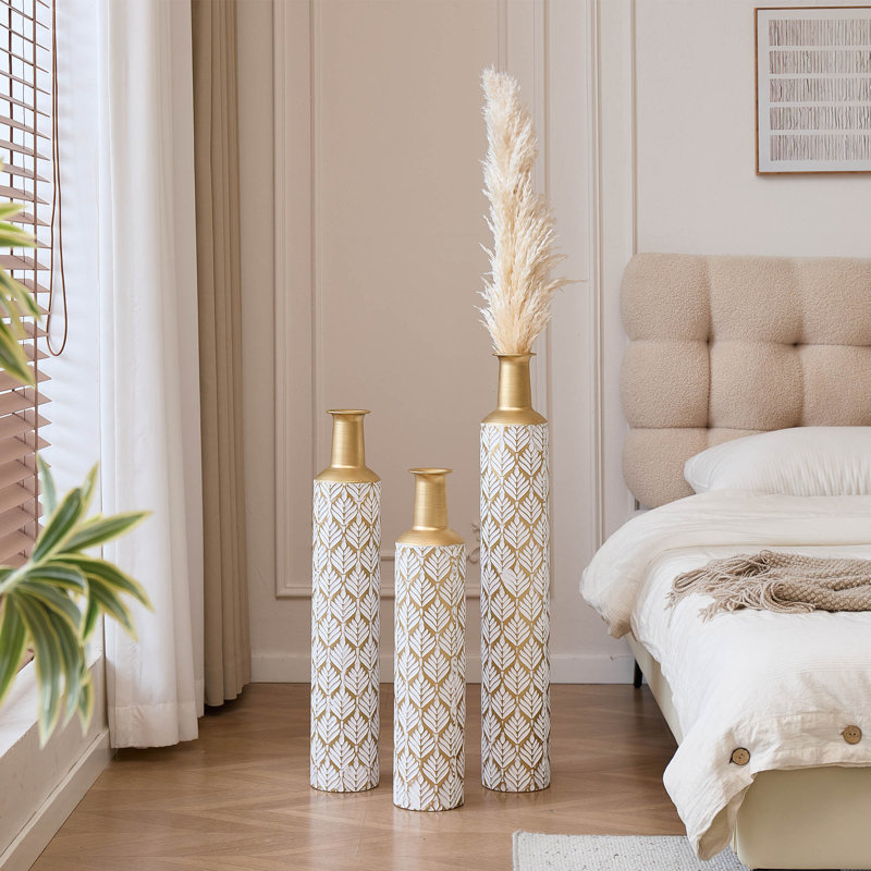 Medhansh Metal Floor Vase with Embossed Leaf Pattern, Handmade Tall Decorative Vase (Set of 3)