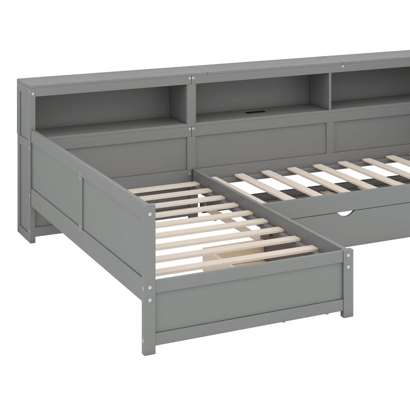 Lit plateforme en L avec lit gigogne, lit de jour avec tablette de rangement et station de charge, cadre de lit double d'angle en bois