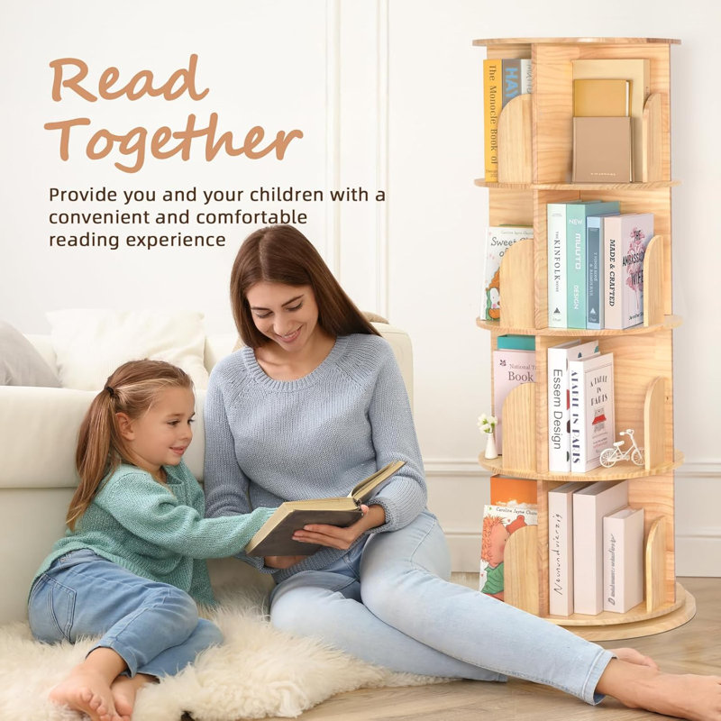 360° Display 4 Tier Thick Solid Wood Rotating Bookshelf