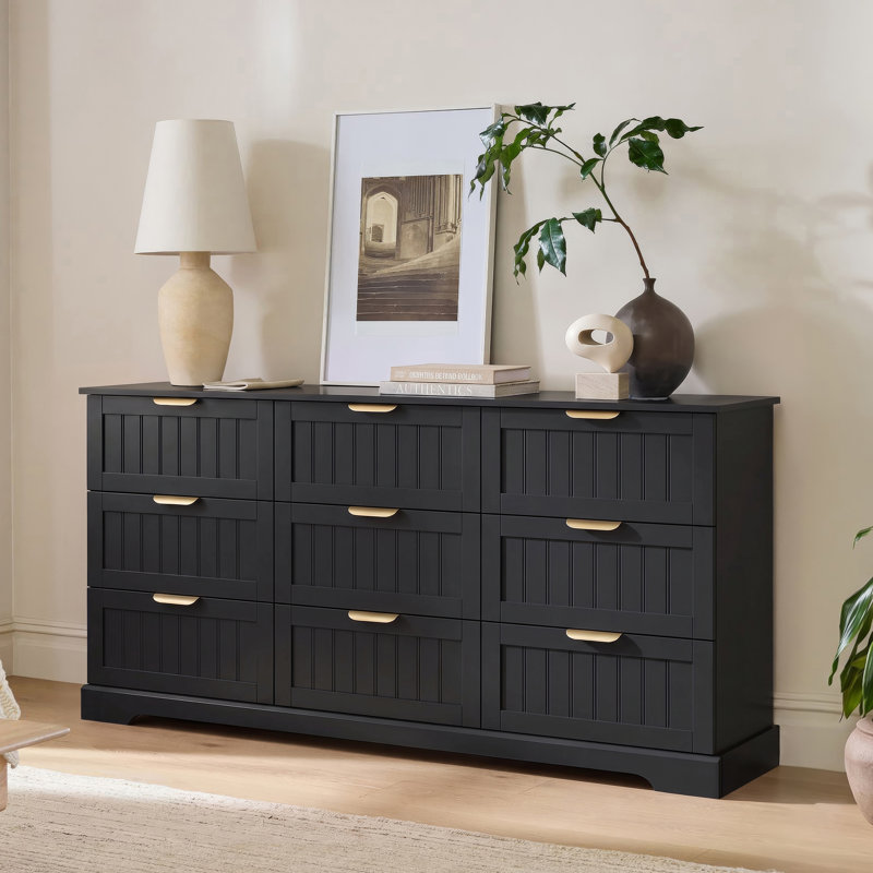 Commode 9 tiroirs Aideen, l 63 po Commode moderne avec poignée en métal, Noir