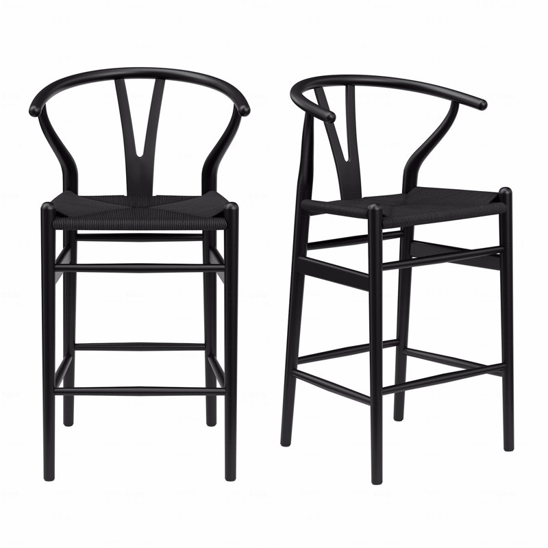 Wishbone Barstool,Weave Counter Height Bar Stools, Fully Assembled Rattan Bar Chairs For Kitchen Island,1Pc, Black