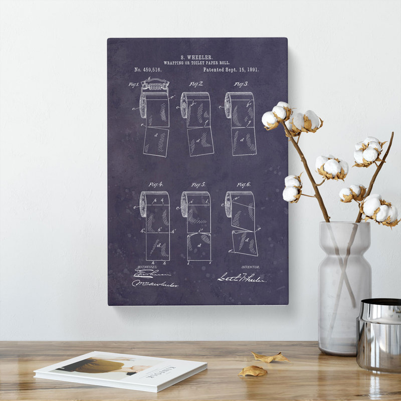 Toilet Roll Patent Dark - Wrapped Canvas Print, 50cm H x 35cm W x 3cm D