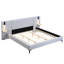 Structure de lit très grand en tissu d'ameublement en lin gris, lumières et tablettes intégrées sur la tête de lit, lit tapissier à pieds en fer, tablettes robustes-498186305