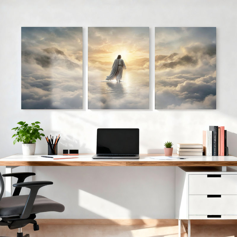 Ensemble de 3 tableaux religieux sur toile tendue représentant Jésus marchant sur les nuages, 2436