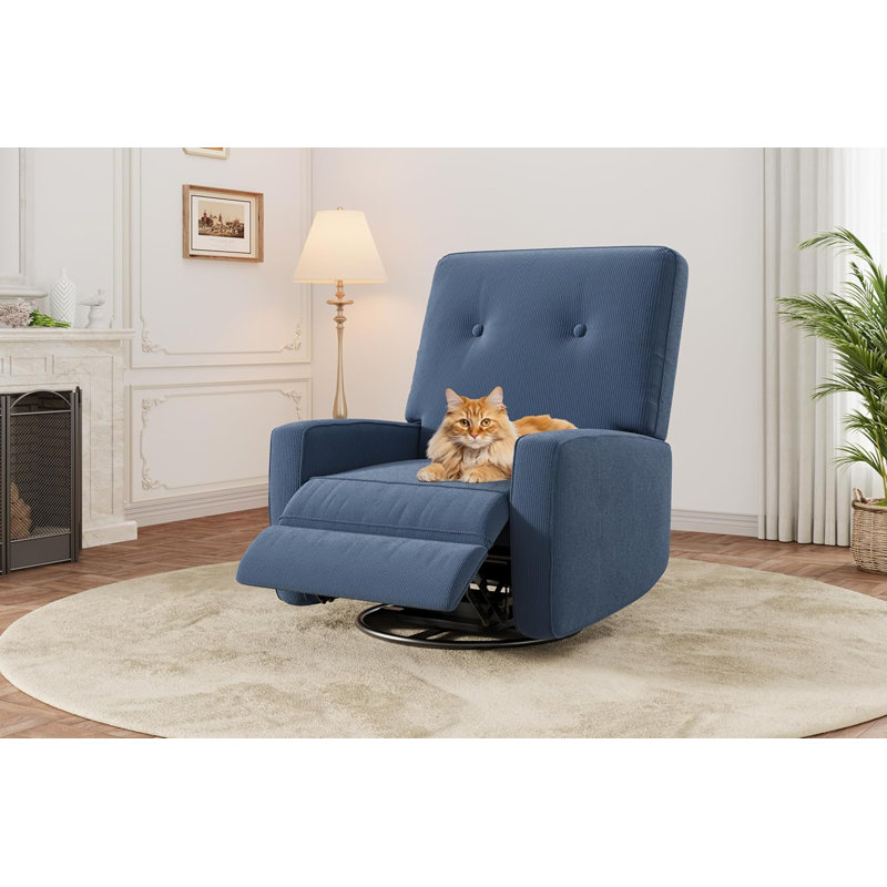 360° Swivel Rocker Recliner Glider Chair, Corduroy Nursery Chair for Small Spaces, Dark Blue, Blue