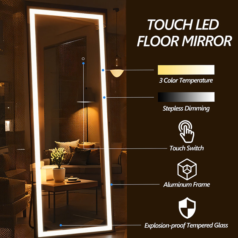60x16 Inch Full Length Mirror with Lights, Full Body Dressing Standing, Hanging Mounted Mirror for Living Room Bedroom Cloakroom, Square Black