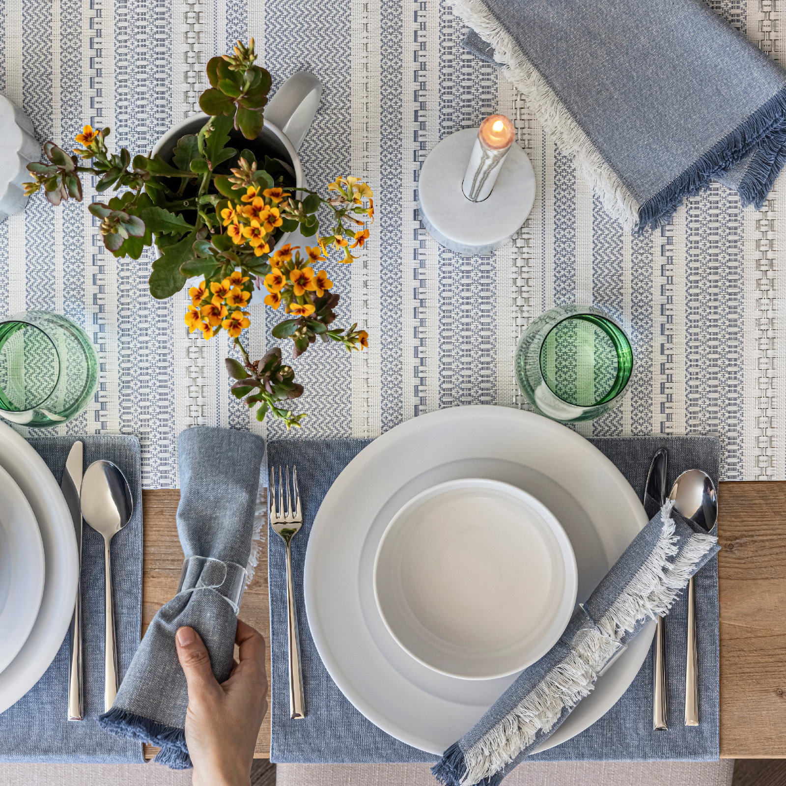 Reversible Striped 90" Table Runner, Blue/White
