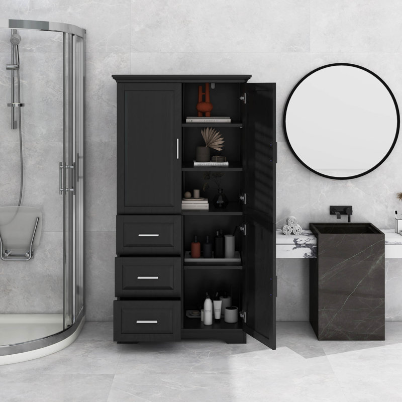 Tall And Wide Storage Cabinet With Doors, Three Drawers, Black