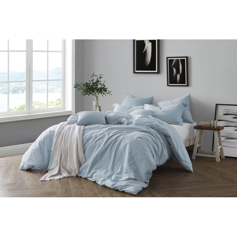 100% Cotton Crinkle Washed Duvet Cover Set, Full/Queen Duvet Cover + 2 Shams, Chambray Blue