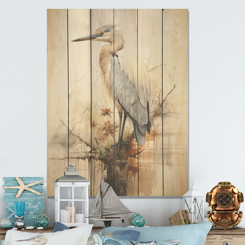 «Majestic Heron Horizon I», art mural sur bois de pin naturel, H 20 po x l 10 po