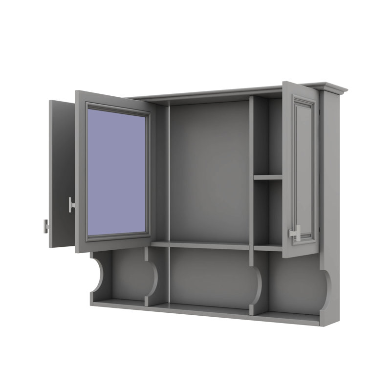 Armoire murale de salle de bain 35 po x 28 po avec miroir, armoire à pharmacie à trois portes et tablettes ouvertes, Gris