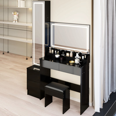 Extra Large LED Mirror Vanity Table + LED Dressing Mirror Cabinet + Cushioned Stool, Double Large LED Mirror, Touch Control, 3-color Switch, Brightness adjustable, Multi-layer High Capacity Storage