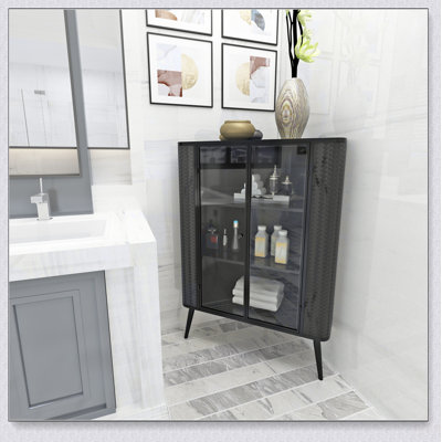 Armoire de rangement d'angle moderne à 3 niveaux avec portes en verre trempé, tablettes amovibles et structure en métal - Organisateur autoportant pour la salle de bain, la cuisine, la chambre à coucher, le salon ou les petits espaces