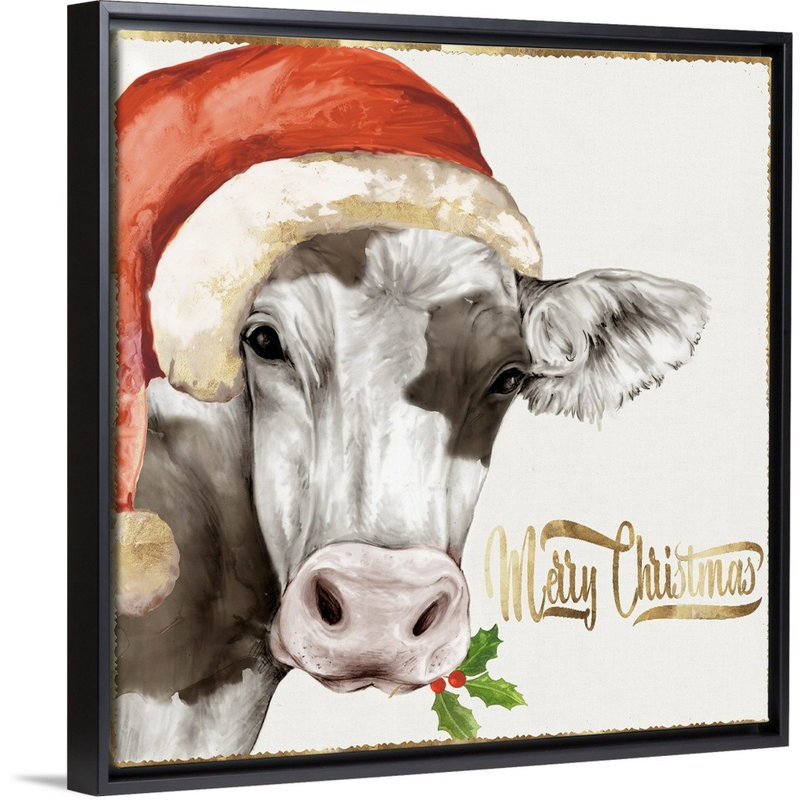 Vache de Noël - reproduction d'art sur toile, H 32 po x l 32 po x P 1,75 po, Cadre noir