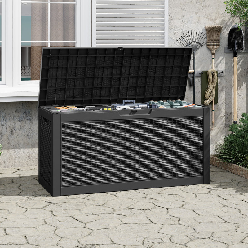 Coffre de terrasse en résine 75 gallons - Rangement extérieur résistant aux intempéries avec couvercle verrouillable et design en rotin