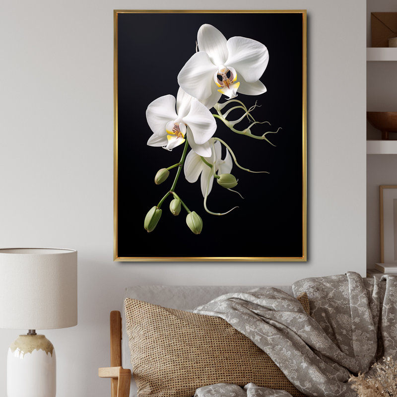 Orchidée délicate noire et blanche - décoration murale orchidée, Cadre flottant doré, H 20 po x l 12 po x P 1 po