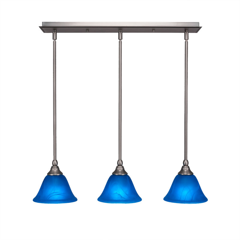 3 Light Stem Hung Linear Pendalier Shown With 7", Blue, Brushed Nickel