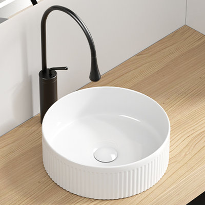 Lavabo vasque de salle de bain rond blanc de 14 pouces, céramique de porcelaine avec rayures verticales, économique pour l'évier de rénovation