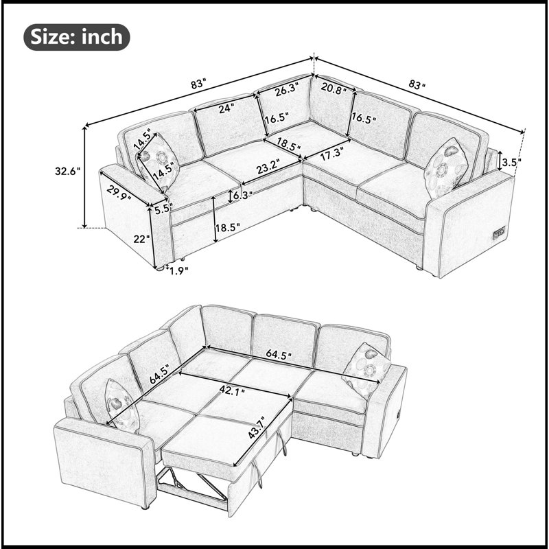 Canapé-lit convertible en L de 83 po avec 2 ports USB, 2 prises de courant et 3 coussins pour le salon et la chambre à coucher