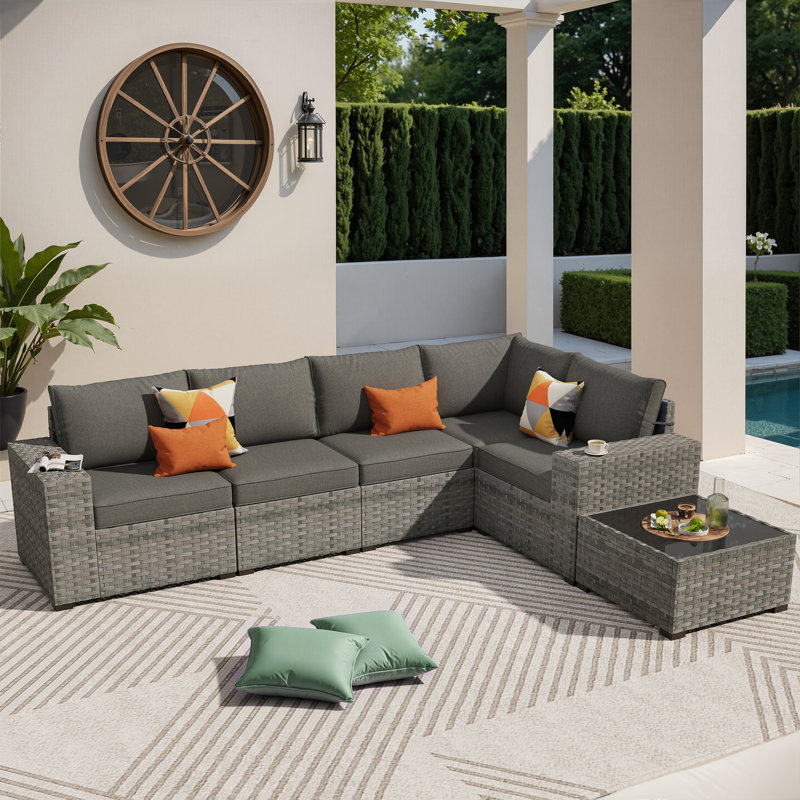 Ensemble de 6 meubles de patio modulaires d'extérieur, ensemble de conversation en osier avec canapé en forme de L, canapé d'extérieur avec table basse
