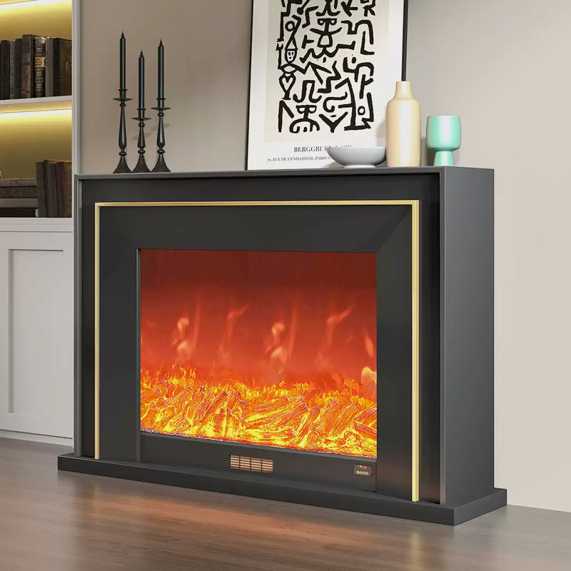 Foyer électrique noir en bois massif, Noir, H 39,37 po x l 59,06 po x P 12,6 po