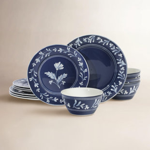 Martha Stewart Maiden Crown 12-Piece Dinnerware Set – Vegan Bone China Ceramic Plates & Bowls – Floral Design – Service for 4 – Dishwasher & Microwave Safe