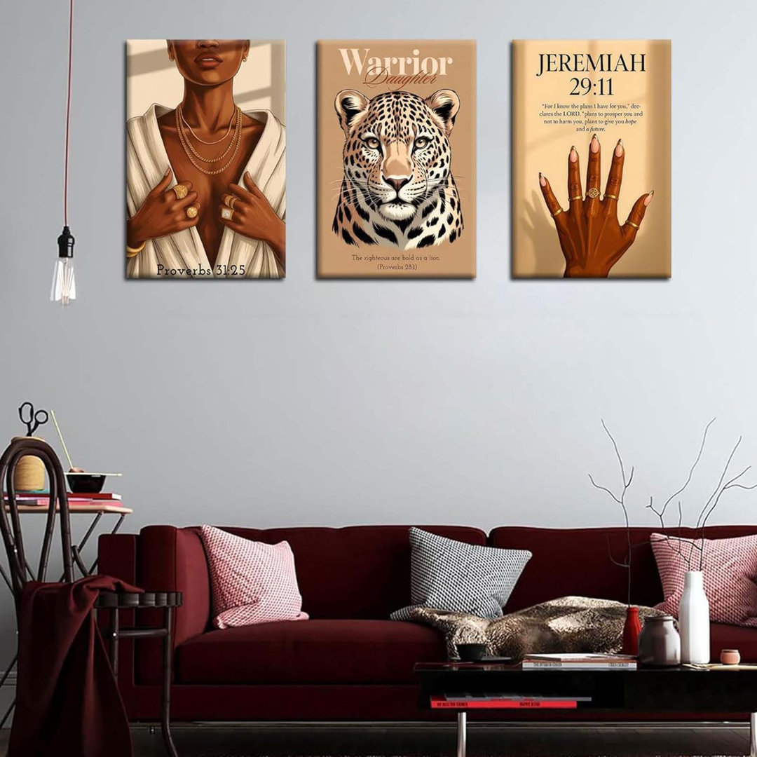 3Pcs Black Woman Canvas Wall Art Christian Bible Verse Wall Decor Leopard Pictures Trendy Black Girl Painting Jeremiah 29:11 Prints Artwork For Living