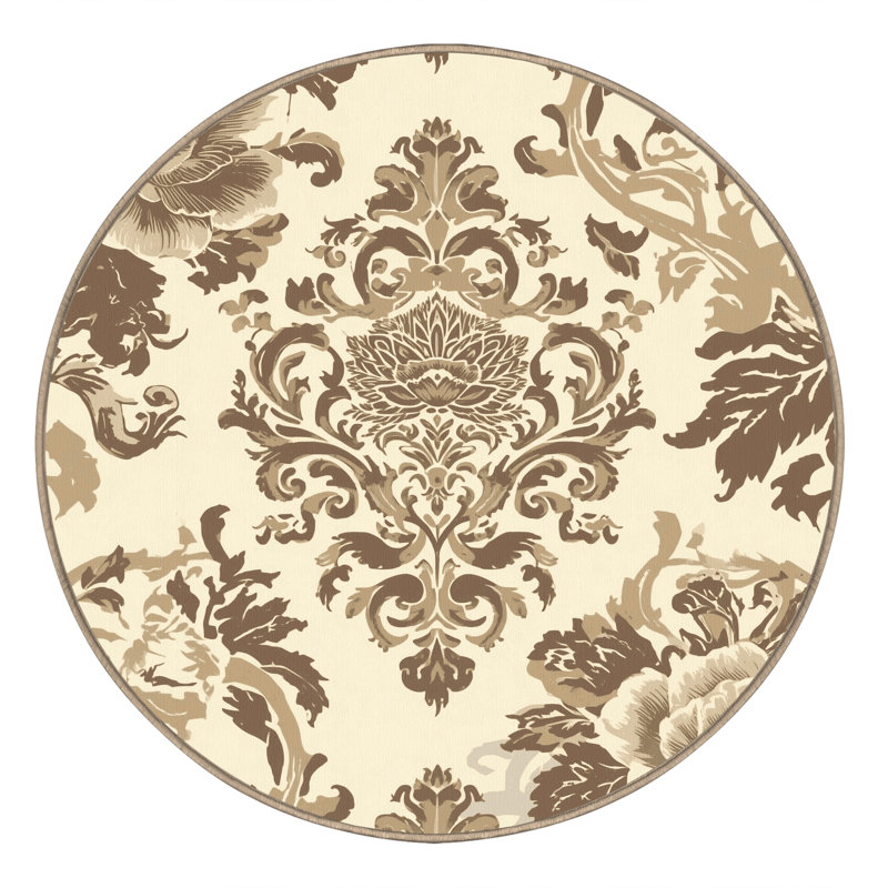 Machine Washable Ottoline Traditional Damask Rug in Beige – Beige Binding, 8' Round