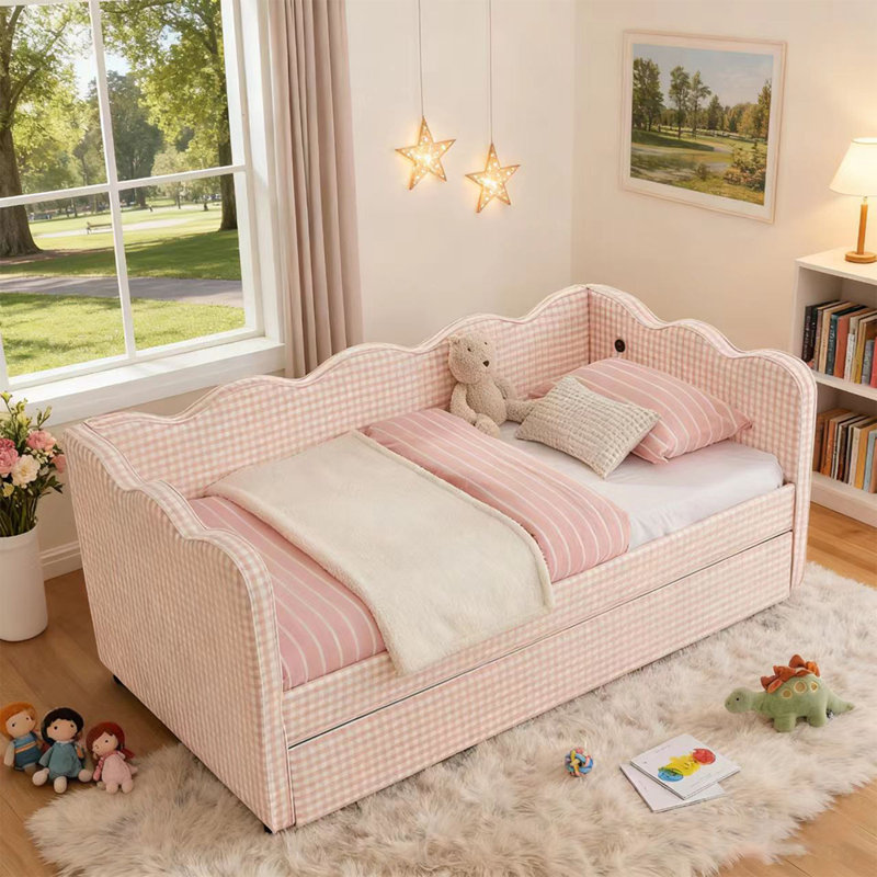 Daybed With Trundle, Sofa Bed, No Box Spring Needed, USB Port, Adorable Wave Shaped, Linen Fabric, Pink, Twin