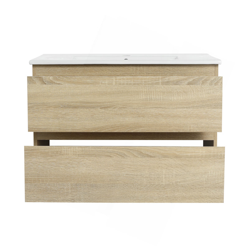 Meuble-lavabo mural 30 po avec lavabo en céramique, 2 tiroirs à fermeture en douceur, ensemble KD, Light Oak, 30"