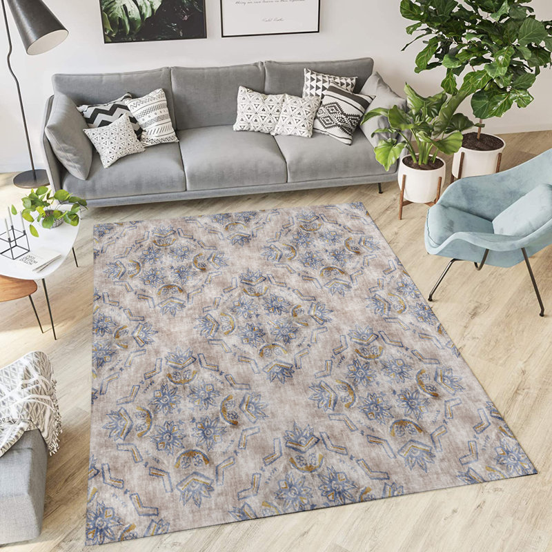 Tapis intérieur / extérieur en polyester tissé à la machine rectangle beige / gris, Rectangle 2 pi x 3 pi