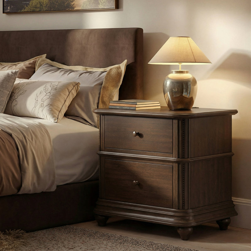 Traditional 2-Drawer Solid Wood Nightstand with Built-in Power Outlet and USB Ports, Dark Walnut Finish