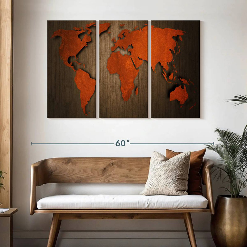 Ancienne carte du monde en bois Aliaz, H 32 po x l 50 po