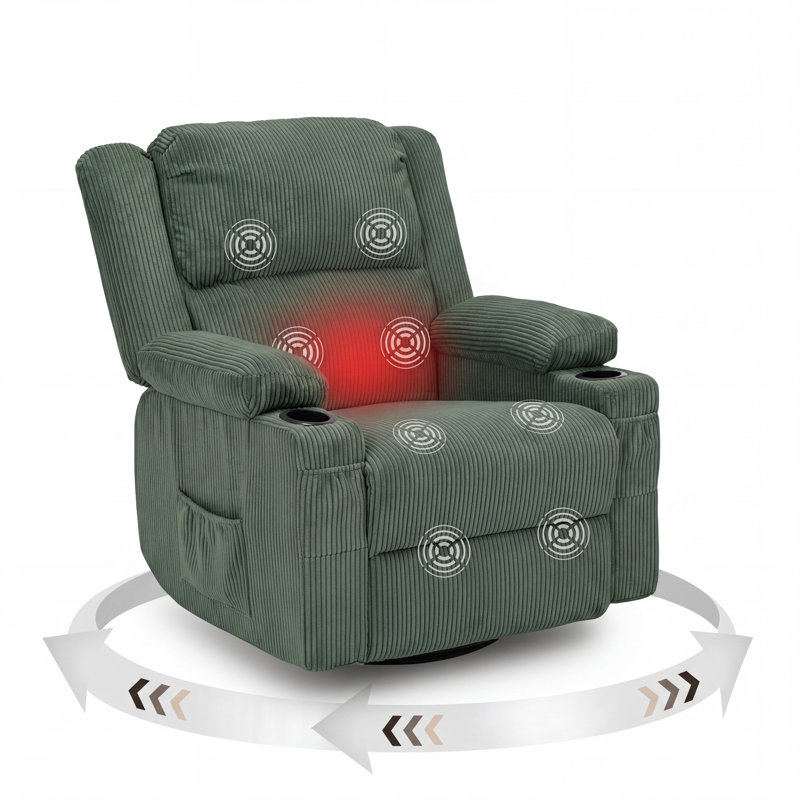 360 Degree Swivel Rocker Recliner Chair with Heat and Massage,Green, Green