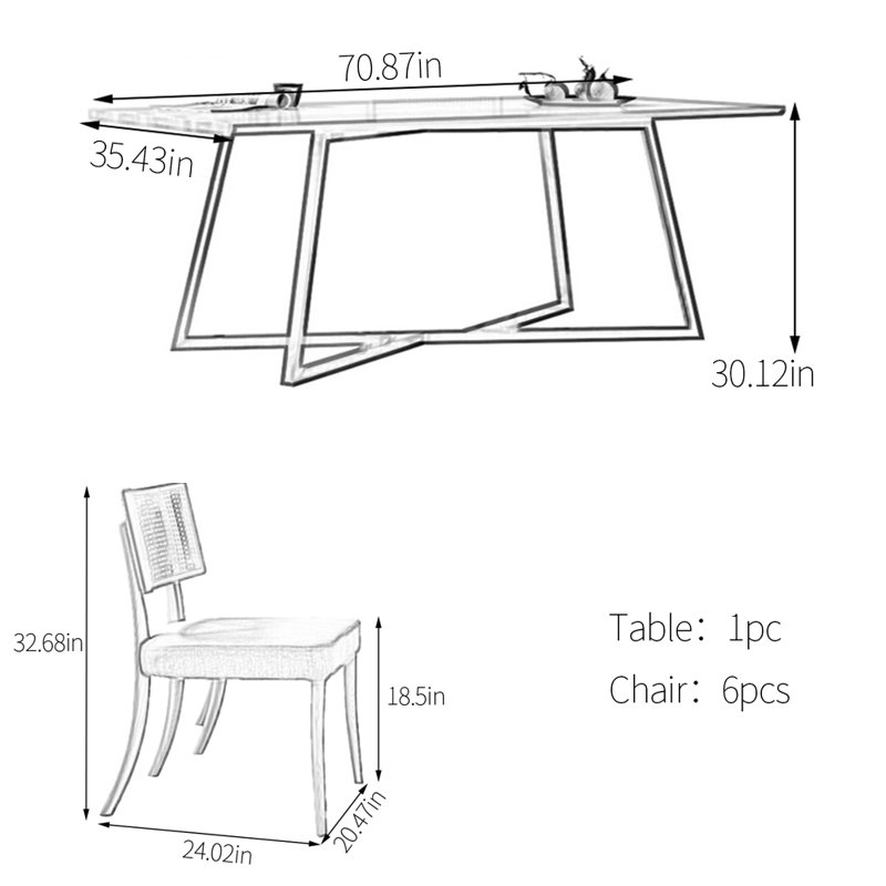 Stainless steel solid wood dining table set, 30.12"H x 70.87"L x 35.43"W